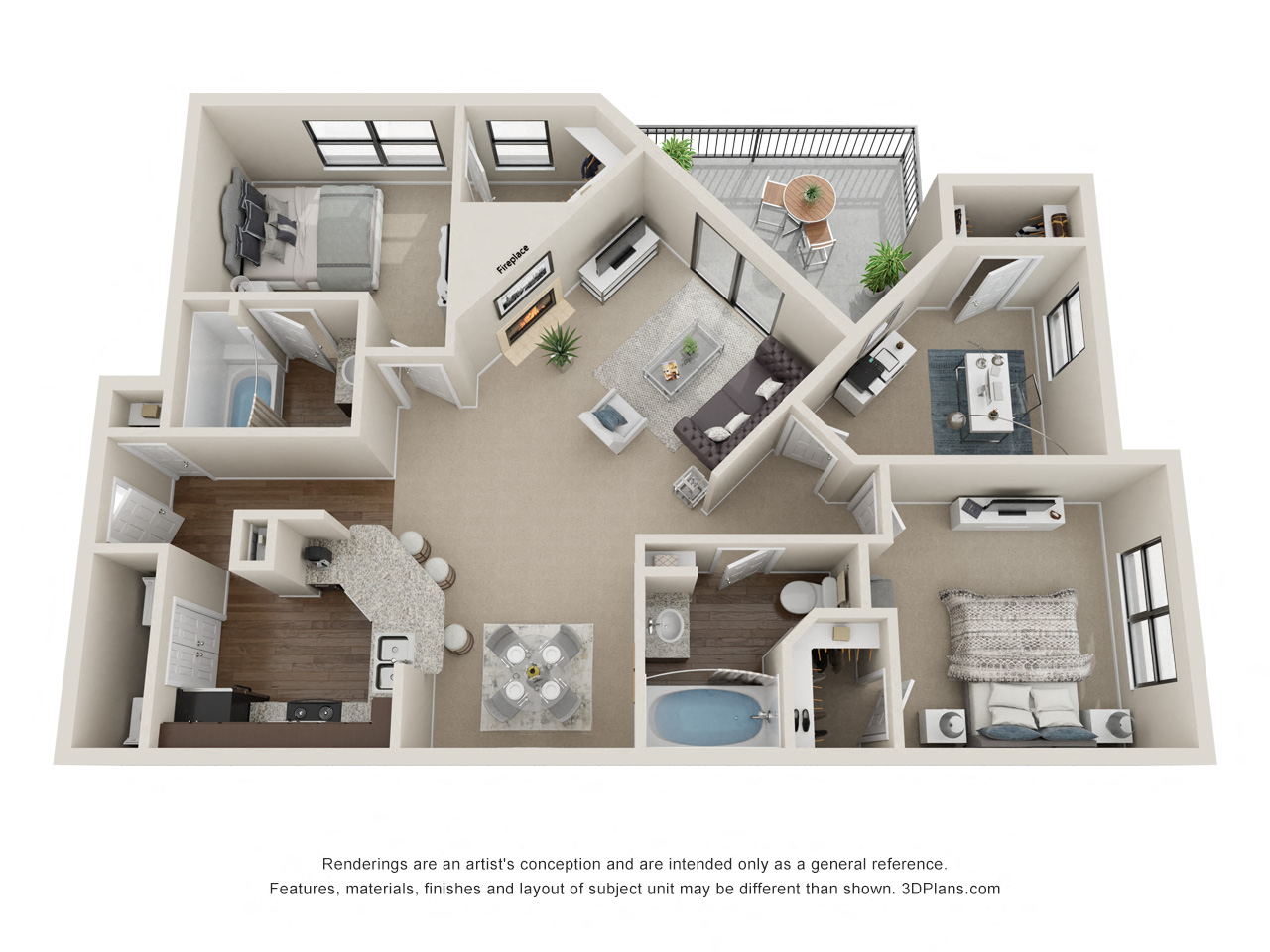 Floor plan for 3 beds, 2 baths, 1105 sqft